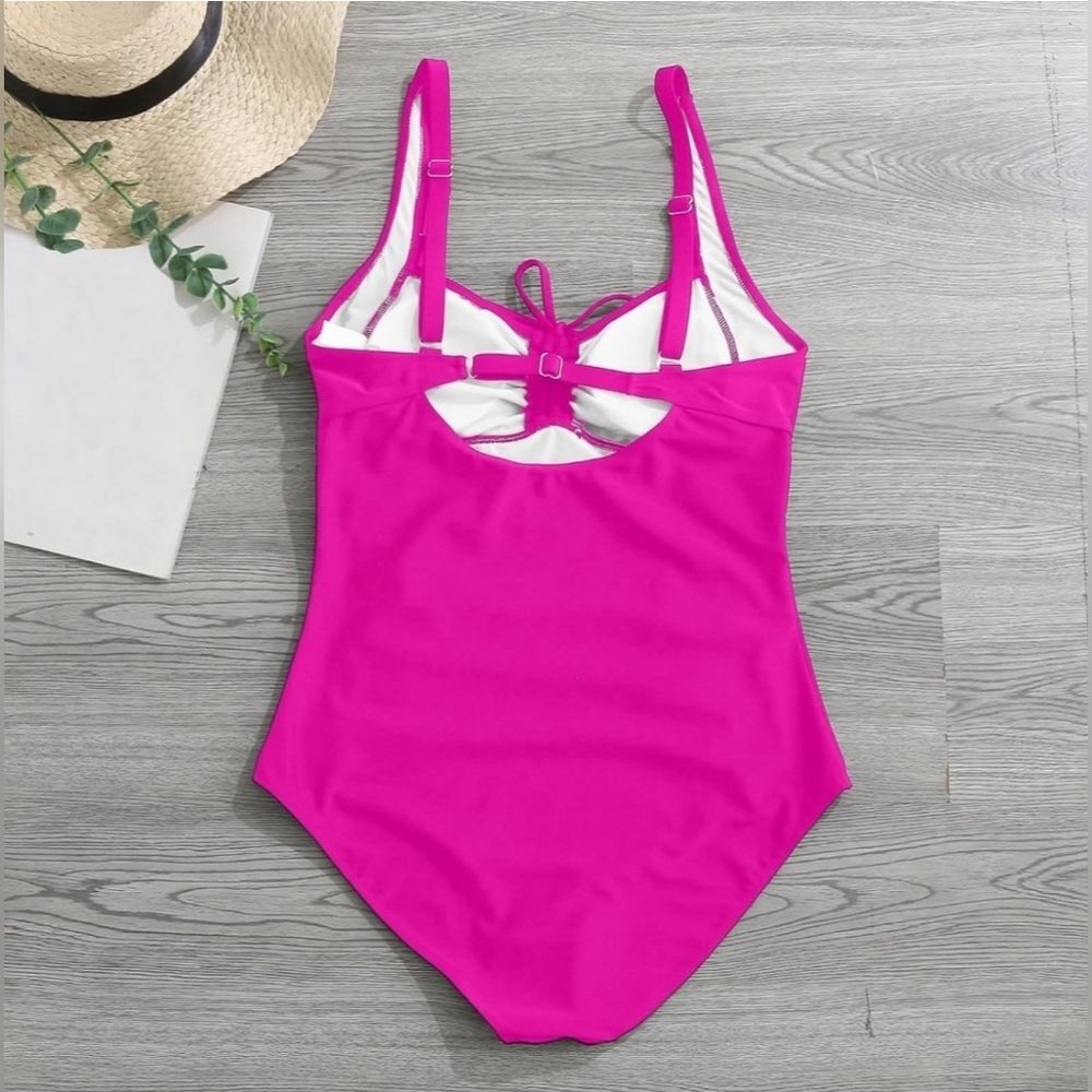 DACI Retro Tummy Control Ruched Barbie Hot Pink Adjustable Plus Swimsuit NWT 20W - Picture 6 of 13